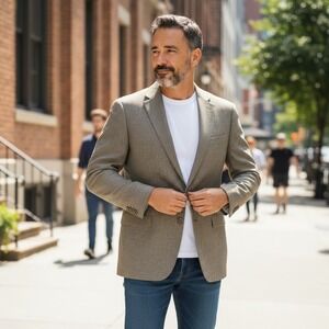 PRONTOMODA Blazer‎ Jacket Tan Plaid 100% Lambs Wool Classic Sophisticated 44R